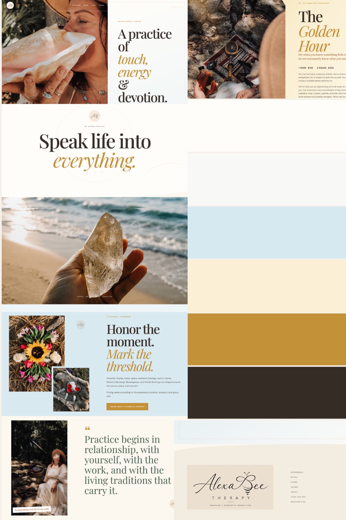 Alexa Bee Therapy website mood board with warm natural photography and editorial typography