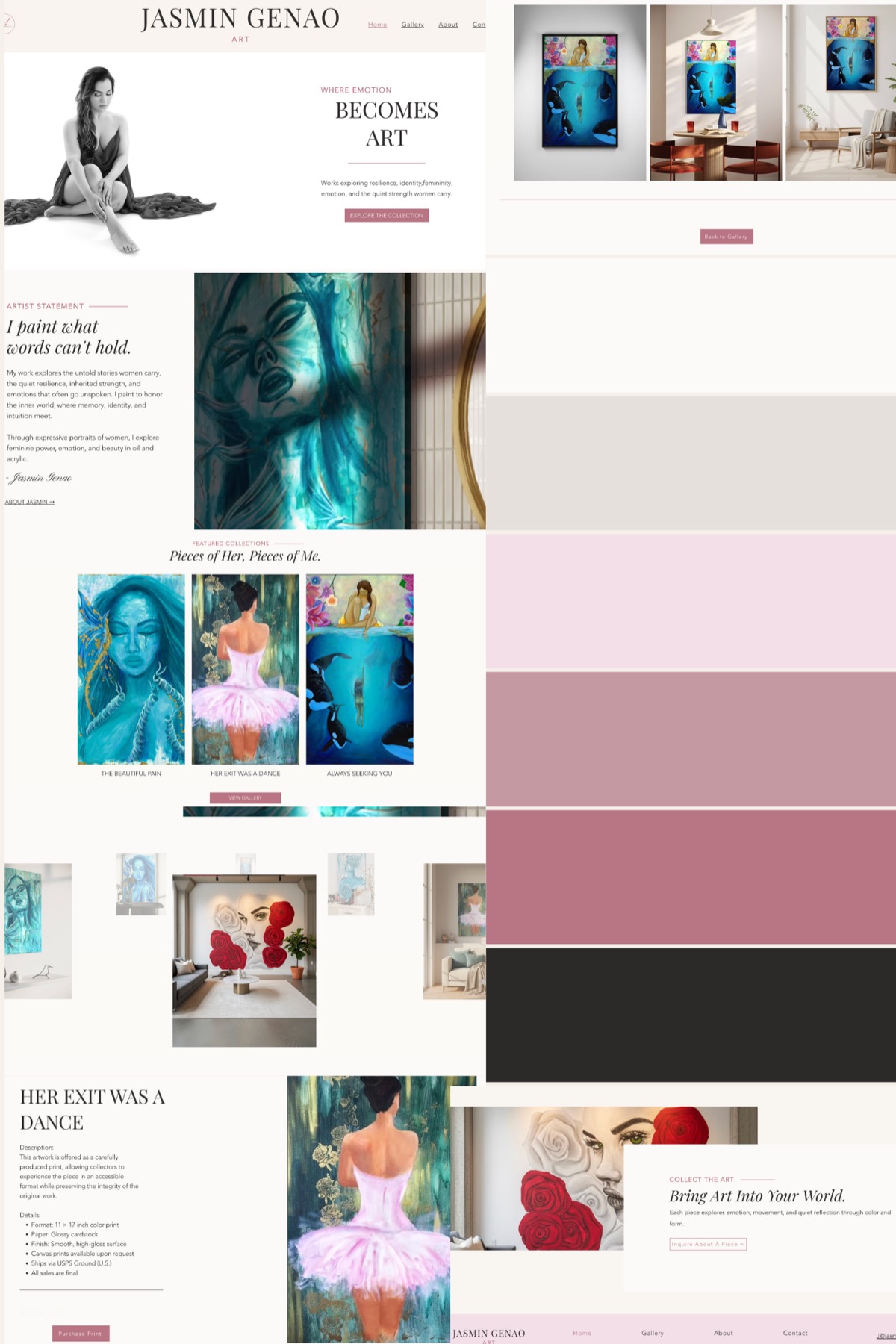 Jasmin Genao Art website mood board showing artist portfolio pages and paintings